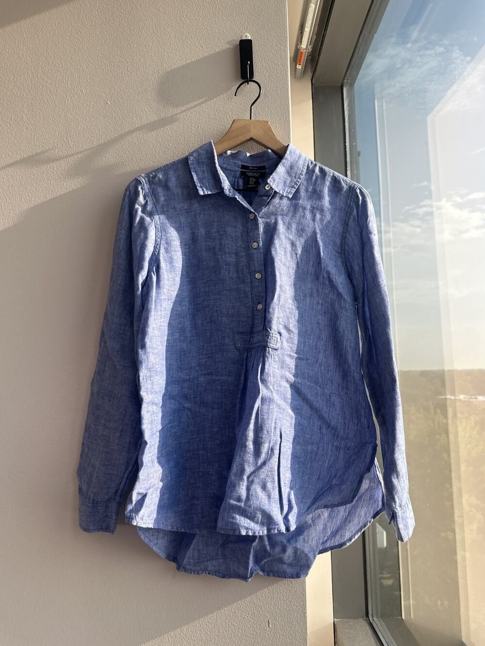 Jones New York 100% Linen Button Shirt Blue Collared Coastal Beachy Sz M